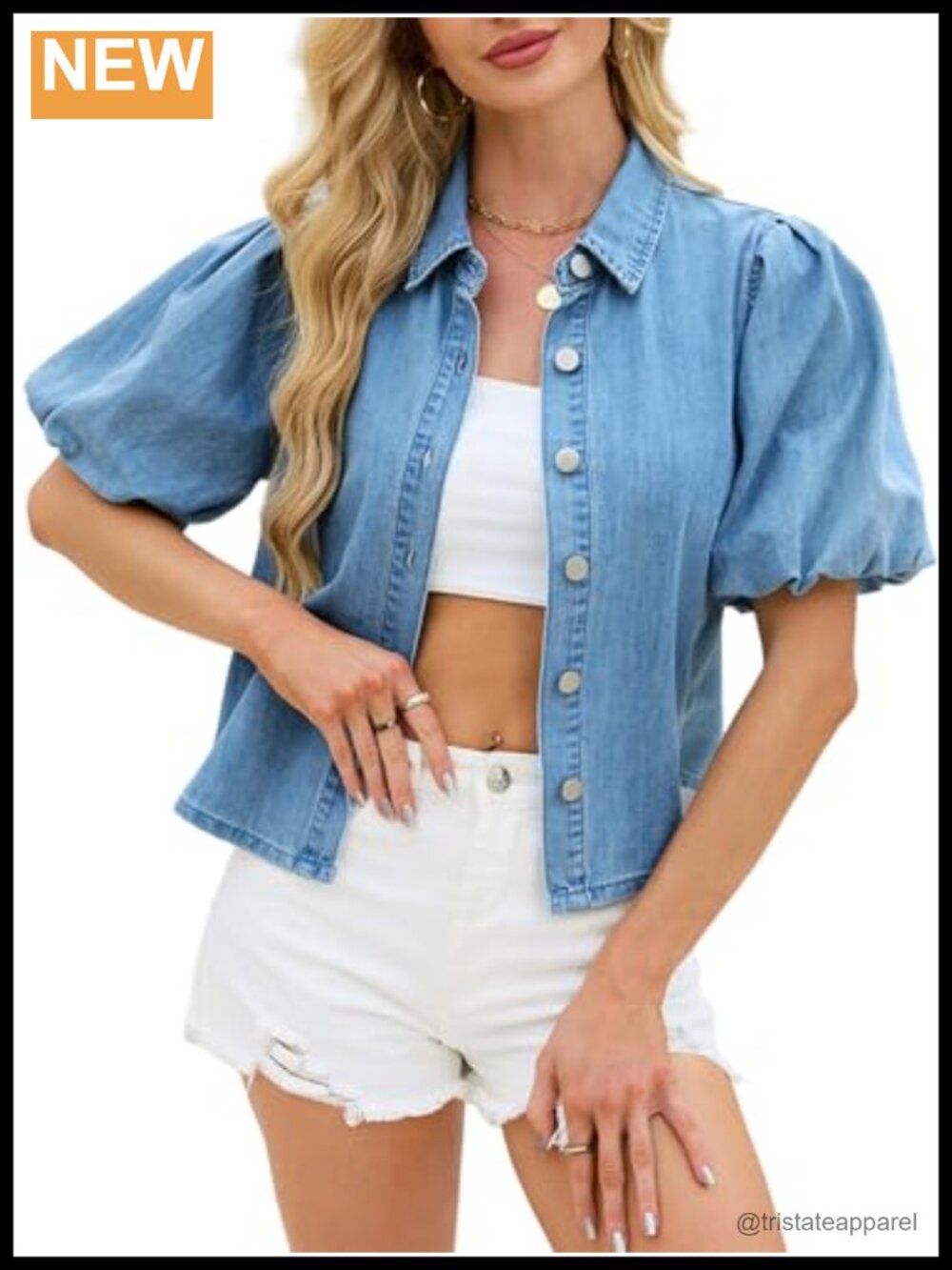 Puff Short Sleeve Denim Button Down Shirt Women Light Chambray Blouse